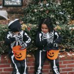Children in skeleton costumes sitting on brick wall which borders a garden