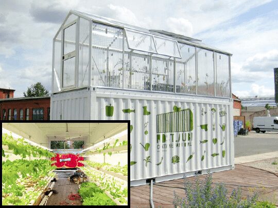 An elegant looking shipping containers with a greenhouse built on top of it, and an inset photo of hydroponics inside the container.