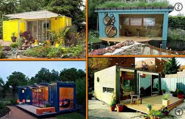 A composite of four photos showing ideas for shipping containers being adapted for gardening