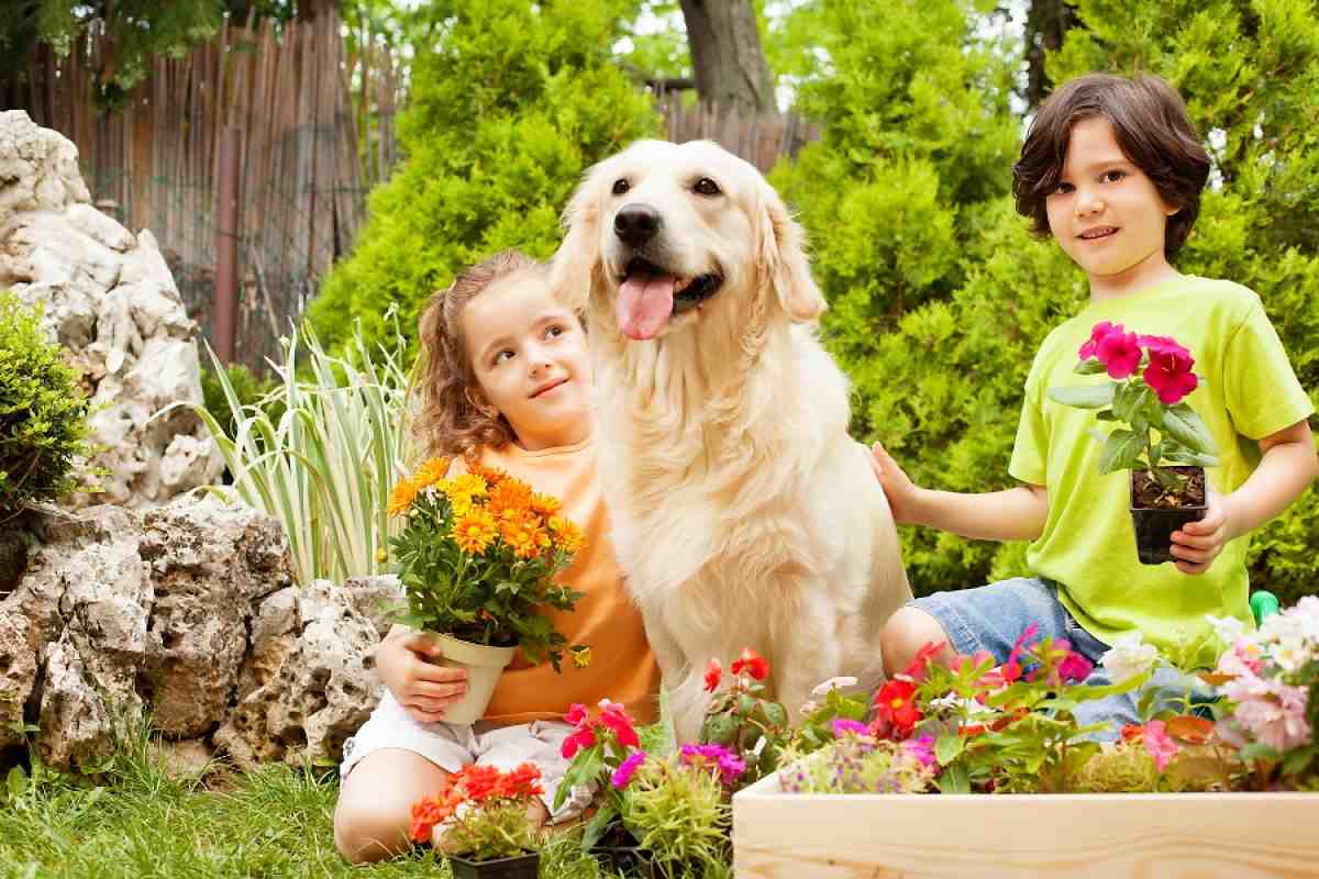 A young girl and boy with a happy family dog