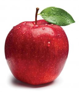 A single red apple with a green leaf