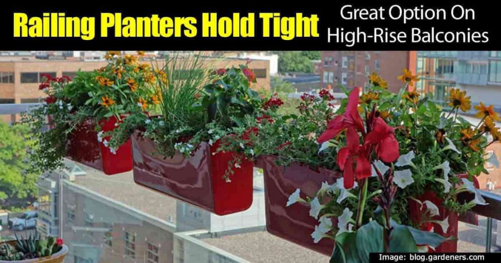 a row of railing planters with red and yellow flowers