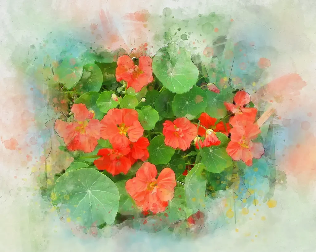 Orange and red nasturtium flowers and leaves, lightly stylized