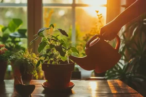 Watering a plant in a container with sun in the background