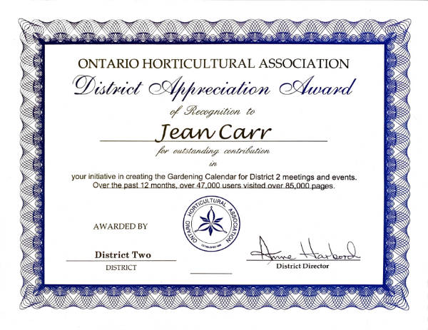 Ontario Horticultural Association award to Jean Carr