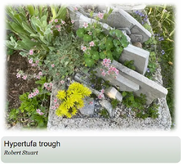 A hypertufa trough with vertical stone slabs