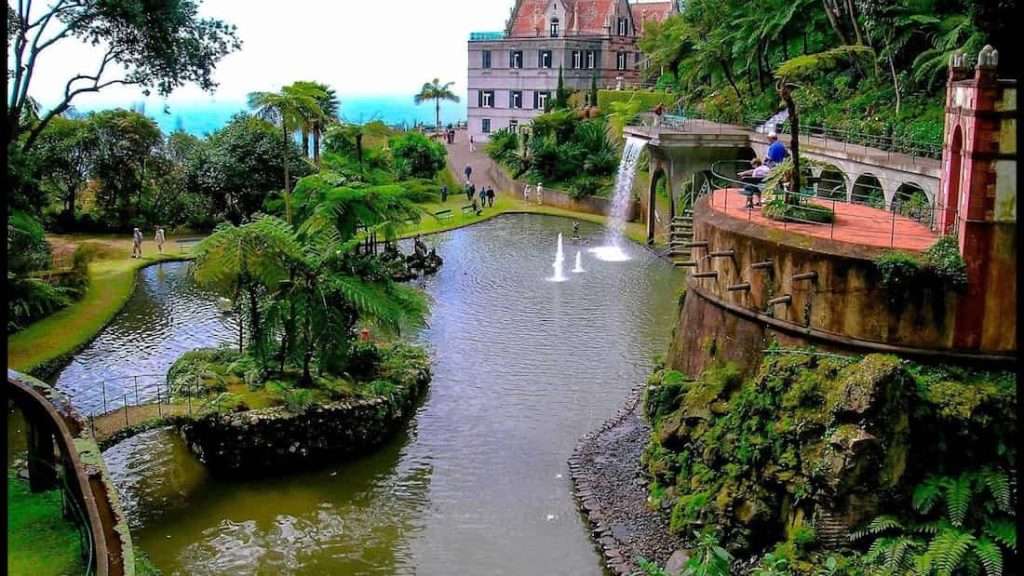 Aerial view of the Monte Palace Madeira garden wuth Lake and castle.