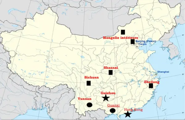 Map of China highlighting selected provinces and cities