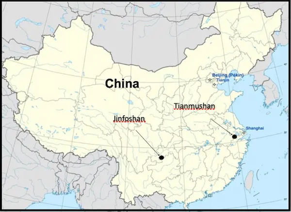 Map of China highlighting Jinfoshan and Tianmushan locations