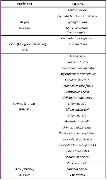 Table listing plant species by expedition and location